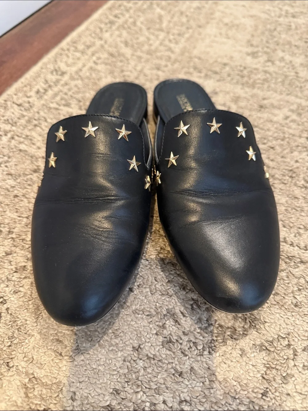 Michael Kors Black Leather Star-Stud Slide Mules